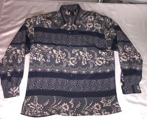 FU DA Fine Silk Button Up Blouse Geometric Floral Blue Womens Size L